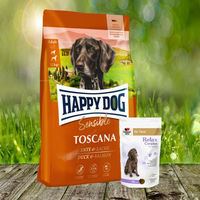 Produktbild von Happy Dog Supreme Sensible Toscana Trockenfutter Ente Lachs Adult 12,5 kg und Doppelherz Relax Complex 60 Chews Nahrungsergänzung zur Beruhigung
