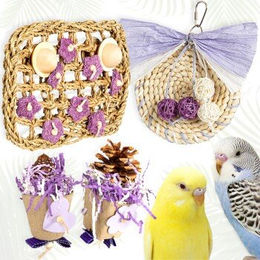 HappyBird 4er Set Intelligenzspielzeug aus Naturmaterial für Wellensittiche bunt – Bild 1 von 3