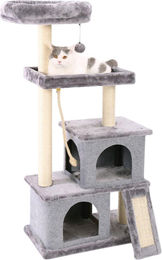 Happyment Luxus Kratzbaum für Katzen mit Katzenbett und Hängematte Grau aus Holz und Stoff für Kitten und kleine Katzen – Bild 1 von 2