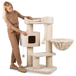 HAPPYPET Kratzbaum ALINA für große Katzen und Maine Coon mit Katzenhaus und Sisal-Säulen Creme 118 cm – Bild 1 von 1