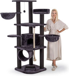 HAPPYPET Kratzbaum für Katzen XL in Anthrazit mit Haus, Spieltunnel und Sisal-Elementen, 181 cm hoch – Bild 1 von 13
