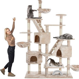 HAPPYPET Kratzbaum SAM Deckenhoch 260 cm XXL Kletterbaum für Katzen in Creme mit Liegemulden und Häusern – Bild 1 von 1