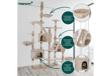 HAPPYPET Kratzbaum SAM XXL deckenhoch 260 cm beige mit Sisal-Kratzsäulen und Zubehör für Katzen – Bild 1 von 13