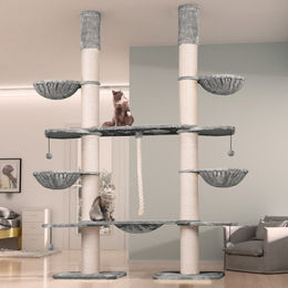 HAPPYPET Kratzbaum Verbindungs-Set mit Spielseil und Liegemulde aus Multiplex-Holz in Grau zur Erweiterung von Katzenkratzbäumen – Bild 1 von 6