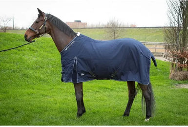 Produktbild von Harry's Horse Highliner Comfort Boa Outdoor-Pferdedecke in Blau mit Lederdetails