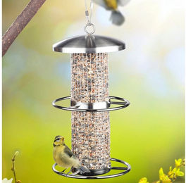 Haushalt International Futtersäule Vogelfutterspender aus Edelstahl mit Stahlseil und Sitzringen 27x14cm – Bild 1 von 4