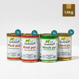 Produktbild von Haustierkost.de Probiermenü Hund Dose Hirsch Rind Lamm Pferd ohne Farb- und Aromastoffe sowie Konservierungsstoffe 4 x 400 g