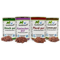 Produktbild von Haustierkost.de Probiermenü Hund Katze Lamm Hirsch Huhn Pferd ohne Farb- und Aromastoffe sowie Konservierungsstoffe 4 x 400 g