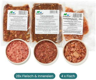 haustierkost.de Probierpaket Frostfutter für Katzen 8 kg Mix-Paket mit BARF-Menüs aus Fisch Fleisch und Innereien - 28 x 250 g – Bild 1 von 7
