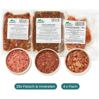 Produktbild von haustierkost.de Probierpaket Frostfutter für Katzen 8 kg Mix-Paket mit BARF-Menüs aus Fisch Fleisch und Innereien - 28 x 250 g