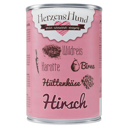 Produktbild von HerzensHund Hundefutter Hirsch mit Wildreis Karotte Birne und Hüttenkäse Adult 12 x 400 g Sensitive ohne Farb- und Aromastoffe