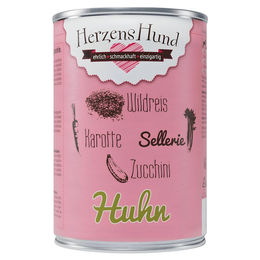 Produktbild von HerzensHund Hundefutter Huhn mit Wildreis, Karotte, Sellerie, Zucchini und Leinöl für Adult, 12 x 400 g Dose
