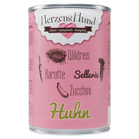 Produktbild von HerzensHund Hundefutter Huhn mit Wildreis, Karotte, Sellerie, Zucchini und Leinöl für Adult, 12 x 400 g Dose