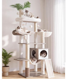 Heybly Katzenkratzbaum für Wohnungskatzen mit Korb, Hängematte und Pflegebereich in Greige – Bild 1 von 1
