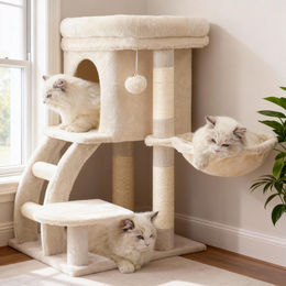 Heybly Kratzbaum für Katzen in Beige mit Höhle, Hängematte, Plattform und Leiter 75 cm – Bild 1 von 1