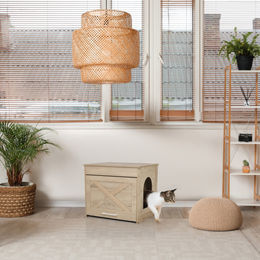 hjh LIVING Katzenhaus Kitty Pawbox 1 Möbel-Toilette aus Holz in Eiche Natur mit Katzenhöhle und Katzenbett – Bild 1 von 4