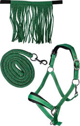 HKM Halfter-Set Lilly für Pferde in Grün mit Neopren, Karabiner, Fliegenfransen und Führstrick – Bild 1 von 3