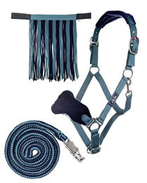 HKM Halfterset für Ponys mit Fliegenfransen und 180cm Führleine in Blau oder Türkis – Bild 1 von 4