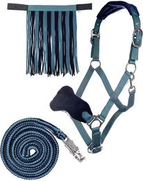 Produktbild von HKM Hufgelenk für Pferde mit Karabiner und Fliegenfransen in Blau und Silber