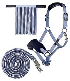 HKM Nylonhalfter-Set für Ponys mit Fliegenfransen und Panikhaken in Babyblau/Mittelblau – Bild 1 von 1