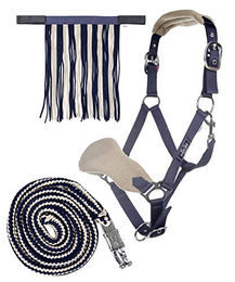 HKM Nylonhalfter-Set für Ponys mit Fliegenfransen und Panikhaken in Dunkelblau/Beige – Bild 1 von 1