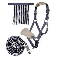 Produktbild von HKM Nylonhalfter-Set für Ponys mit Fliegenfransen und Panikhaken in Dunkelblau/Beige