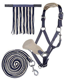 HKM Nylonhalfter-Set mit Fliegenfransen und Karabinerstrick für Ponys in Dunkelblau/Beige – Bild 1 von 1