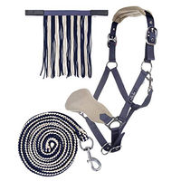 Produktbild von HKM Nylonhalfter-Set mit Fliegenfransen und Karabinerstrick für Ponys in Dunkelblau/Beige