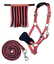HKM Nylonhalfter-Set mit Fliegenfransen und Karabinerstrick für Ponys in Rot/Dunkelblau – Bild 1 von 1
