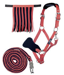 HKM Nylonhalfter-Set mit Fliegenfransen und Panikhakenstrick für Ponys in Rot/Dunkelblau – Bild 1 von 1
