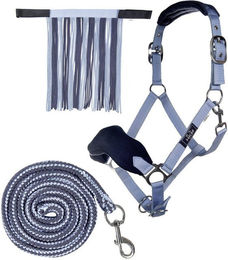 HKM Nylonhalfter-Set mit Karabinerstrick und Fliegenfransen für Ponys in Babyblau/Mittelblau – Bild 1 von 1