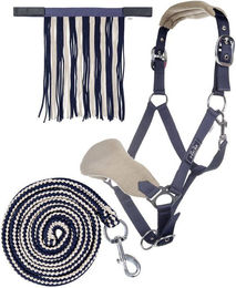 HKM Nylonhalfter-Set mit Karabinerstrick und Fliegenfransen für Vollblut Pferde Dunkelblau/Beige – Bild 1 von 1