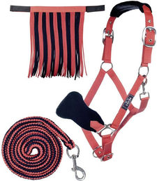 HKM Nylonhalfter-Set mit Karabinerstrick und Fliegenfransen für Warmblut in Rot/Dunkelblau – Bild 1 von 1