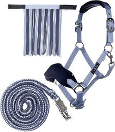 HKM Nylonhalfter-Set mit Panikhakenstrick und Fliegenfransen für Warmblut in Babyblau/Mittelblau – Bild 1 von 1