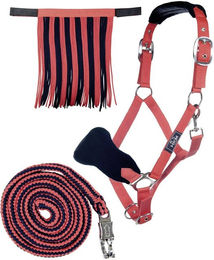 HKM Nylonhalfter-Set mit Panikhakenstrick und Fliegenfransen für Warmblut in Rot/Dunkelblau – Bild 1 von 1