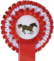 HKM Turnierschleife Dreifachrosette Rot/Weiß 13 cm Turnierzubehör – Bild 1 von 1