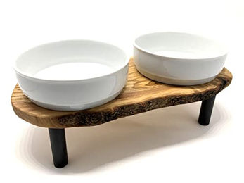 holivio Futterstation Rusty Plus aus Olivenholz mit zwei Porzellanschalen 2x 0,9 Liter für Hunde und Katzen - 2 x 0,9 l – Bild 1 von 13