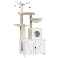 Produktbild von HOOBRO 2-in-1 Kratzbaum mit integriertem Katzenklo-Schrank in Weiß mit Sisalstämmen und abnehmbarer Plüschball-Stange