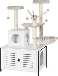 Hoobro Kratzbaum mit Katzenklo Schrank für Katzen in Weiß aus Holz 70 x 48 x 132 cm – Bild 1 von 4