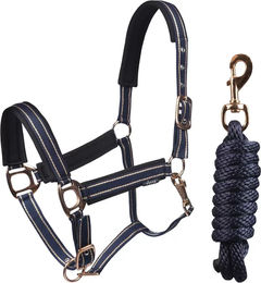 Produktbild von HORKA Deluxe Halfter und Longiergurt Set aus Nylon für Pferde in Schwarz und Blau