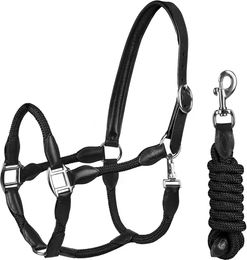 Produktbild von HORKA Pferdehalfter aus Leder mit Seil in Schwarz für Warmblut