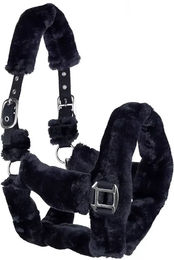 Produktbild von Horsenjoy Cuddly Pferdehalfter aus Fell in Schwarz mit Edelstahlbeschlägen für Vollblut