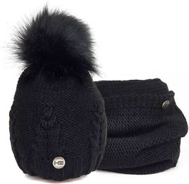 Produktbild von HorSeven Estera Wintermütze und Schal Set für Damen aus Fleece in Schwarz