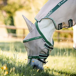 Produktbild von Horseware Rambo Fliegenmaske Plus für Pferde Vollblut Oatmeal/Grün
