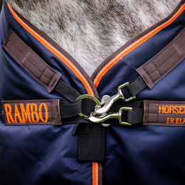 Horseware Rambo Original Turnout Pferdedecke mit Beinbögen Navy/Orange – Bild 1 von 8