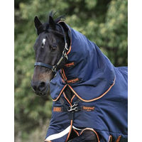 Produktbild von Horseware Rambo Supreme Hood Pferdedecke Navy/Orange Größe S mit 50g Füllung wasserdicht und atmungsaktiv - 50 g