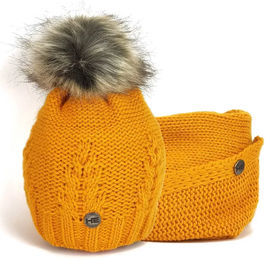Horsunjoy Estera Winterset aus Fleece für Damen mit Mütze und Schal in Gelb und Orange – Bild 1 von 1