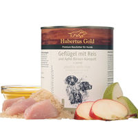 Produktbild von Hubertus Gold Premium Hundefutter Geflügel mit Reis und Apfel-Birnen Kompott sowie Leinöl Stückchen in Sauce 800g
