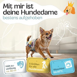 HUND IST KÖNIG Hundewindeln für Hündinnen XS, saugstarke und wasserdichte Läufigkeitshosen, 3 Stück, weiß/bunt – Bild 1 von 7