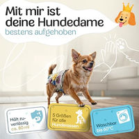 Produktbild von HUND IST KÖNIG Hundewindeln für Hündinnen XS, saugstarke und wasserdichte Läufigkeitshosen, 3 Stück, weiß/bunt